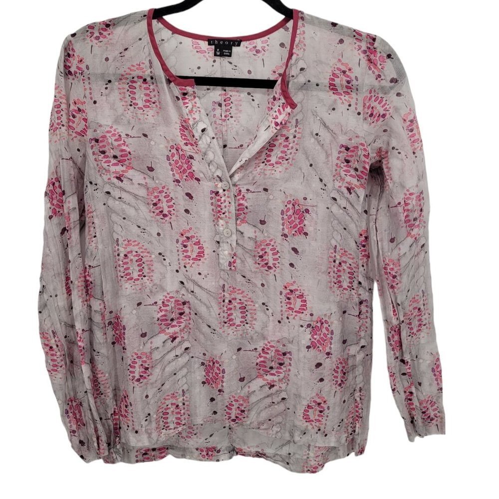 Theory womens small sheer floral pink long sleeve shirt silk cotton blend